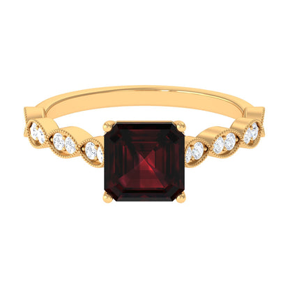 Real 3.3 Carat Asscher Cut Garnet Engagement Ring with Diamond