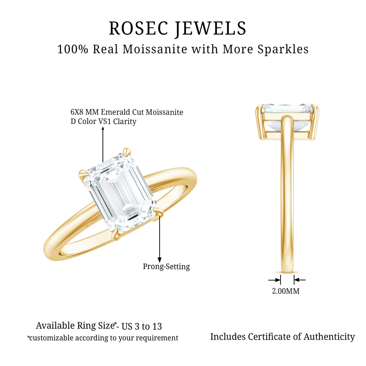 Certified 1.8 Carat Moissanite Emerald Cut Engagement Ring