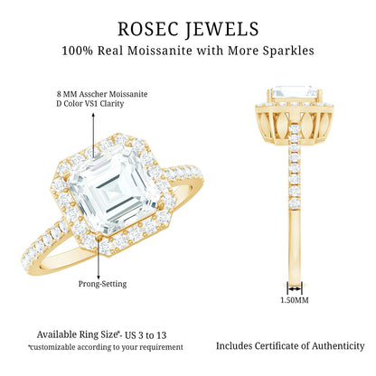 Certified Asscher Cut Moissanite Halo Engagement Ring for Women