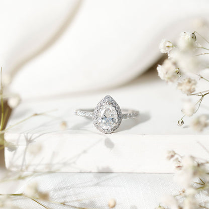 Pear Shape Moissanite Halo Engagement Ring for Women