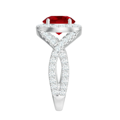 Round Created Ruby Crossover Engagement Ring With Moissanite