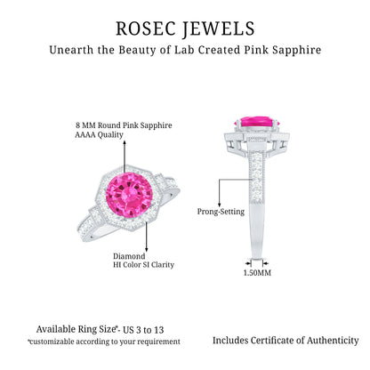 Lab Created Pink Sapphire Vintage Engagement Ring with Diamond Halo