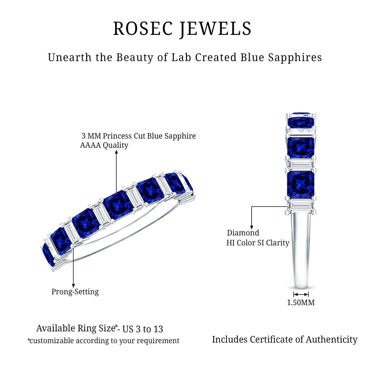 Princess Cut Lab Grown Blue Sapphire Half Eternity Ring with Diamond