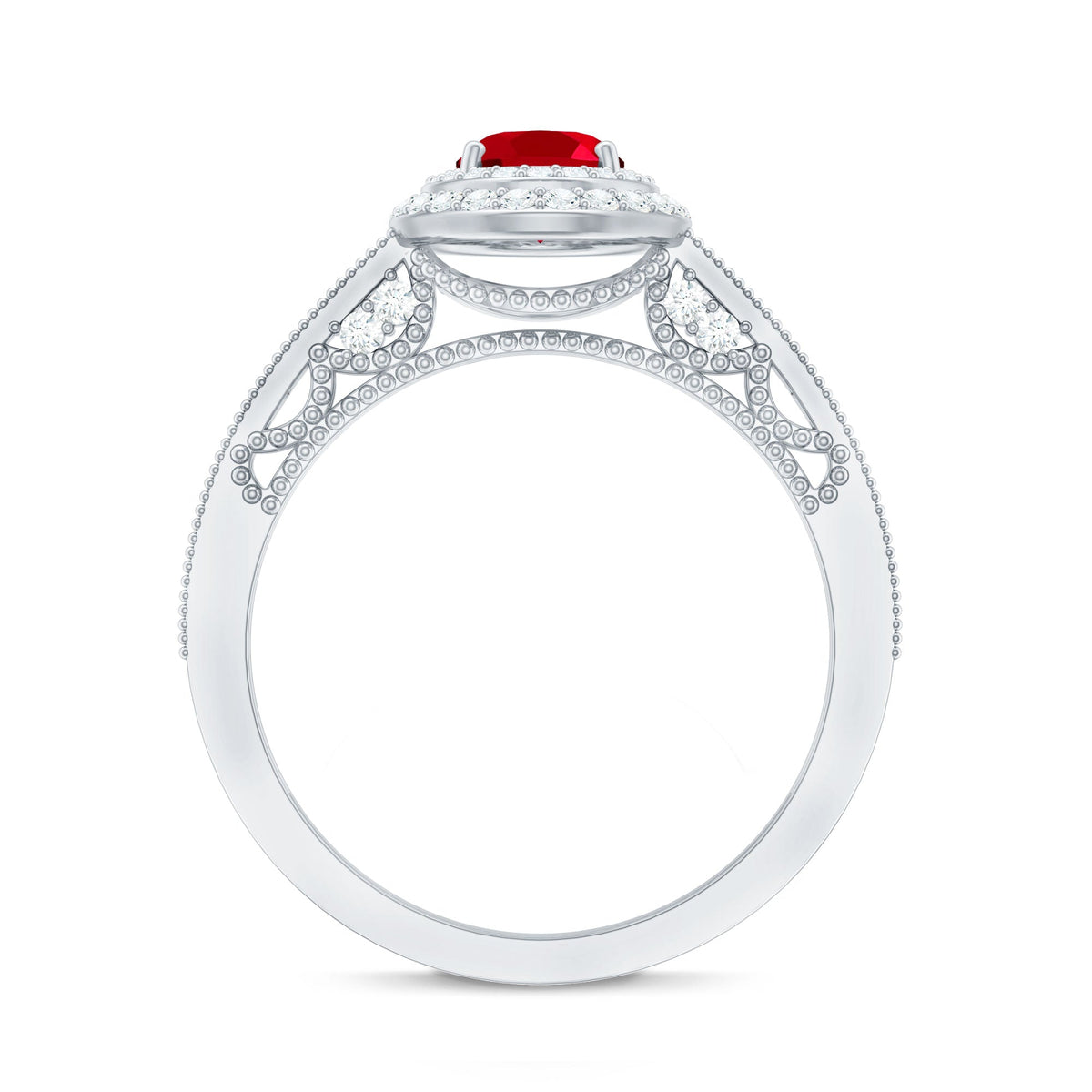 Oval Created Ruby Double Halo Engagement Ring with Diamond