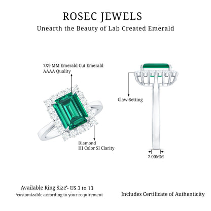Lab Grown 2 Carat Emerald Cut Emerald Vintage Engagement Ring with Diamond Halo
