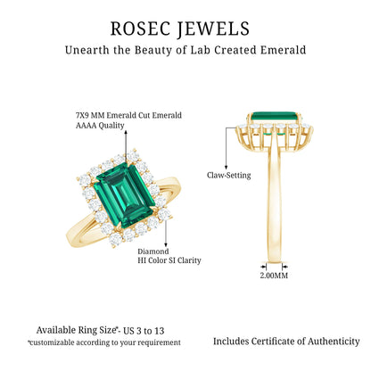 Lab Grown 2 Carat Emerald Cut Emerald Vintage Engagement Ring with Diamond Halo