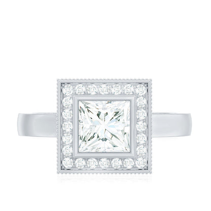 Princess Cut Moissanite Halo Engagement Ring with Milgrain Detail