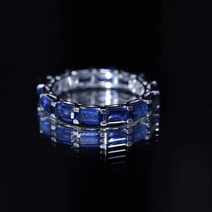 Certified Emerald Cut Lab Grown Blue Sapphire Eternity Band Ring in East West Style