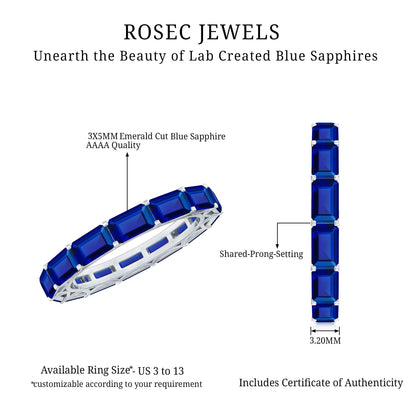 Certified Emerald Cut Lab Grown Blue Sapphire Eternity Band Ring in East West Style