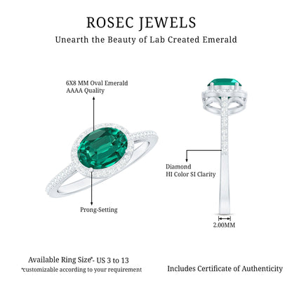 Certified Oval Lab Grown Emerald East West Engagement Ring with Diamond Halo