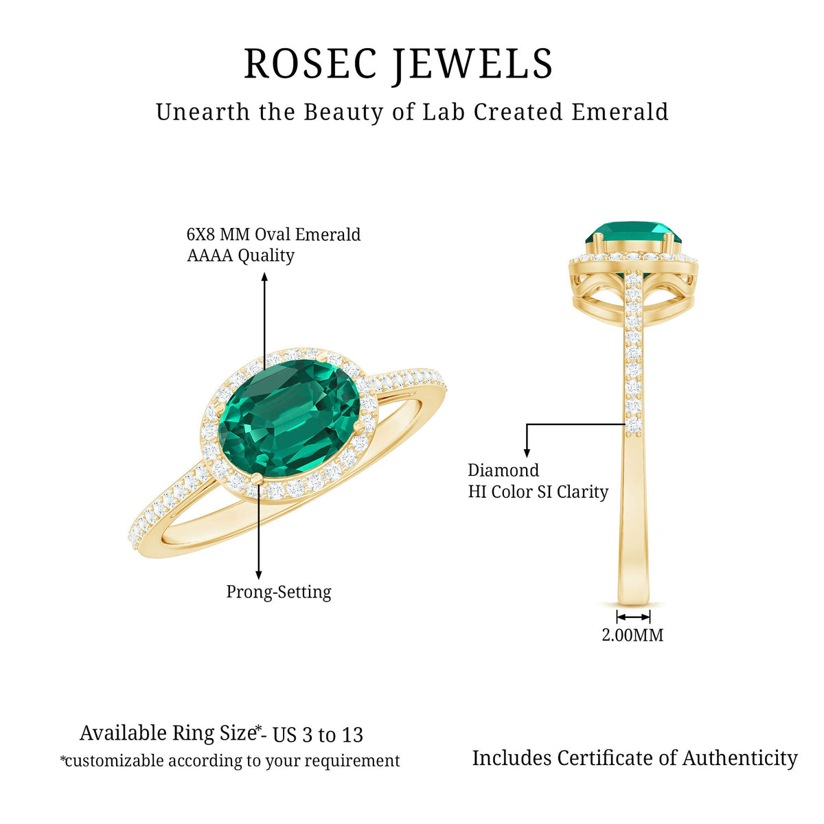 Certified Oval Lab Grown Emerald East West Engagement Ring with Diamond Halo