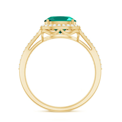 Certified Oval Lab Grown Emerald East West Engagement Ring with Diamond Halo