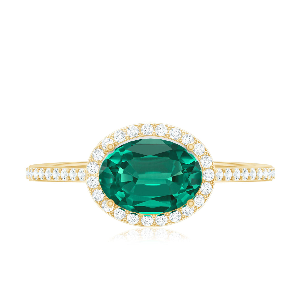 Certified Oval Lab Grown Emerald East West Engagement Ring with Diamond Halo