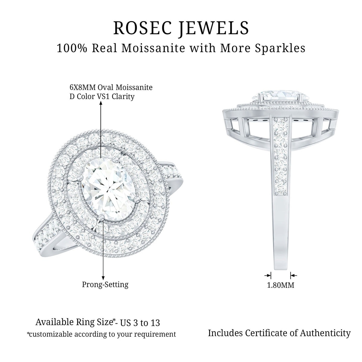 Milgrain Embellished Oval Moissanite Double Halo Engagement Ring