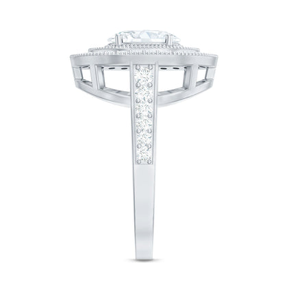 Milgrain Embellished Oval Moissanite Double Halo Engagement Ring