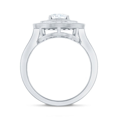 Milgrain Embellished Oval Moissanite Double Halo Engagement Ring