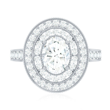 Milgrain Embellished Oval Moissanite Double Halo Engagement Ring