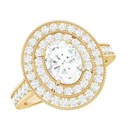Milgrain Embellished Oval Moissanite Double Halo Engagement Ring
