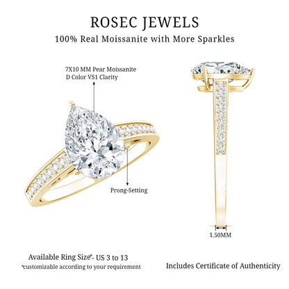 Classic Pear Cut Moissanite Solitaire Engagement Ring With Side Stones