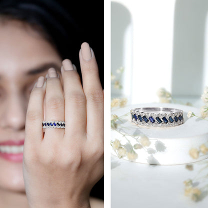 Natural Baguette Blue Sapphire Half Eternity Ring with Diamond