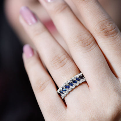 Natural Baguette Blue Sapphire Half Eternity Ring with Diamond