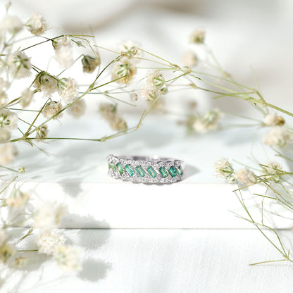 Baguette Emerald and Diamond Braided Half Eternity Band Ring