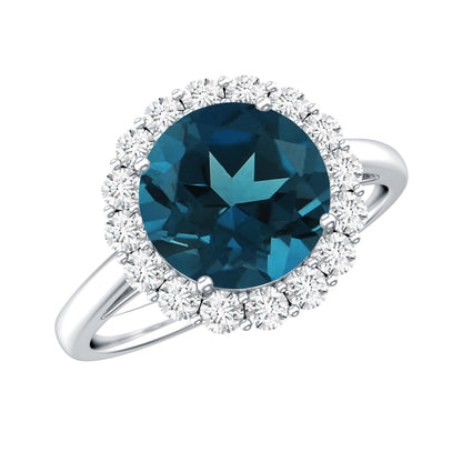2 Carat Round London Blue Topaz Classic Engagement Ring with Diamond Halo