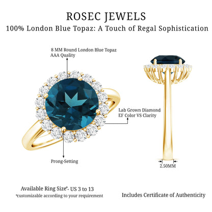 2 Carat Round London Blue Topaz Classic Engagement Ring with Diamond Halo