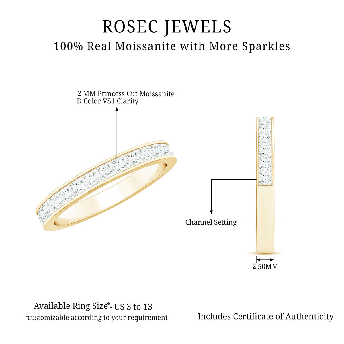 Princess Cut Moissanite Half Eternity Band Ring in Channel Setting