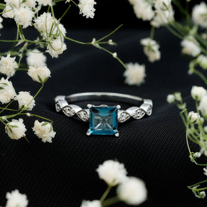1 Carat Princess Cut London Blue Topaz Solitaire Ring with Diamond