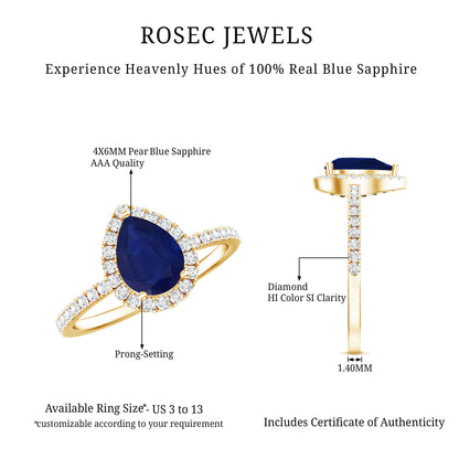Natural Blue Sapphire and Diamond Teardrop Halo Engagement Ring