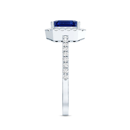 Certified 4.8 Carat Lab Grown Blue Sapphire Asscher Cut Engagement Ring with Diamond Halo