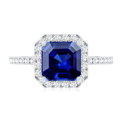 Certified 4.8 Carat Lab Grown Blue Sapphire Asscher Cut Engagement Ring with Diamond Halo