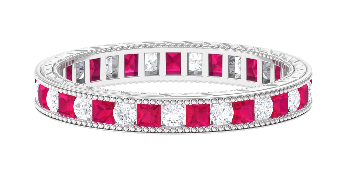 Certified Natural Princess Cut Ruby Eternity Ring with Moissanite