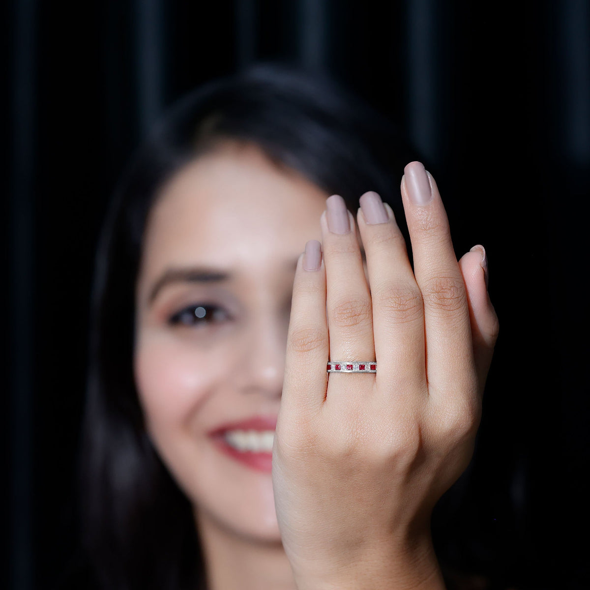 Certified Natural Princess Cut Ruby Eternity Ring with Moissanite