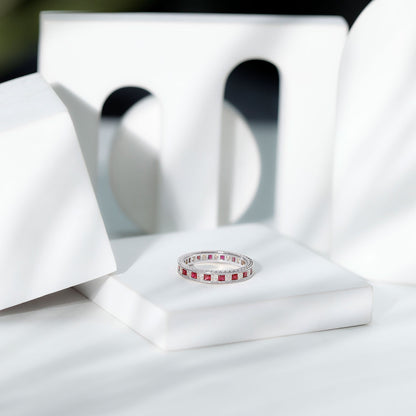 Certified Natural Princess Cut Ruby Eternity Ring with Moissanite