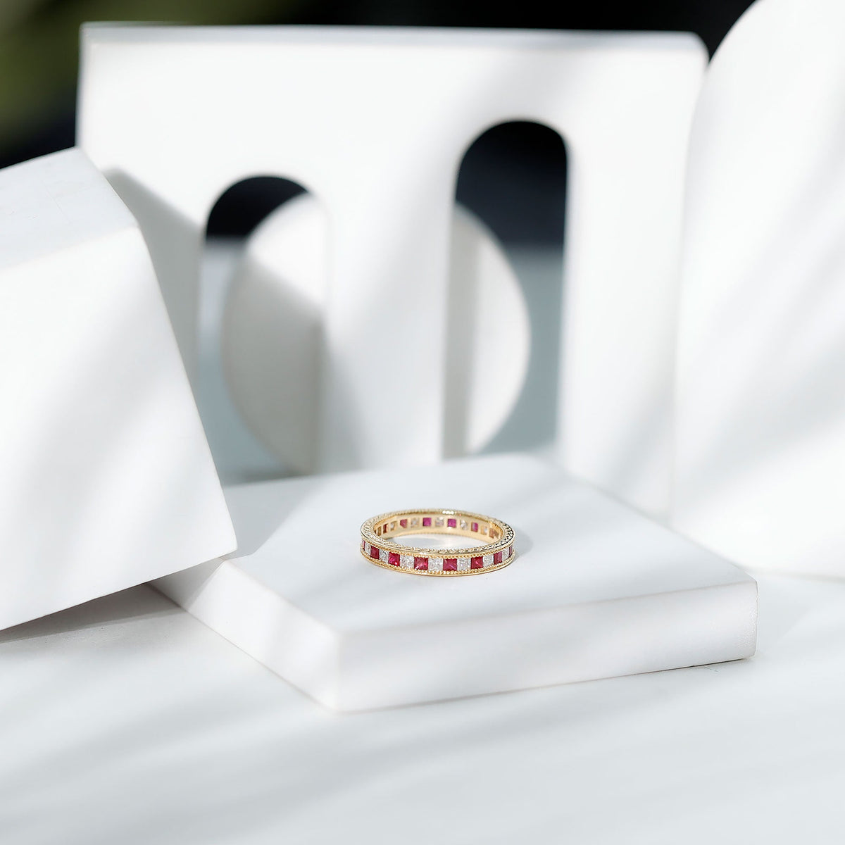 Certified Natural Princess Cut Ruby Eternity Ring with Moissanite