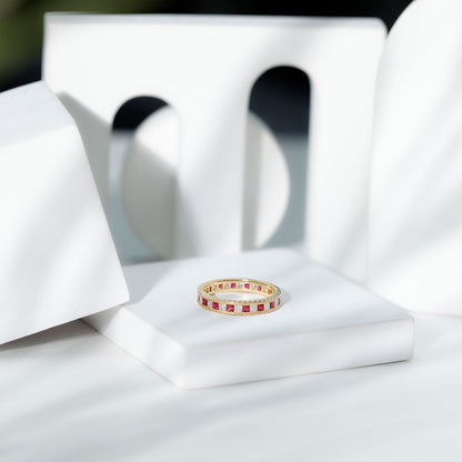 Certified Natural Princess Cut Ruby Eternity Ring with Moissanite