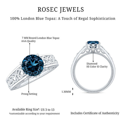 1.35 Carat Round London Blue Topaz Vintage Engagement Ring with Celtic Style Band