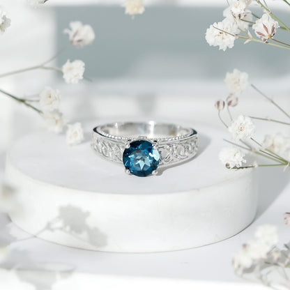 1.35 Carat Round London Blue Topaz Vintage Engagement Ring with Celtic Style Band
