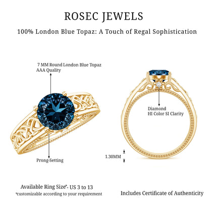 1.35 Carat Round London Blue Topaz Vintage Engagement Ring with Celtic Style Band
