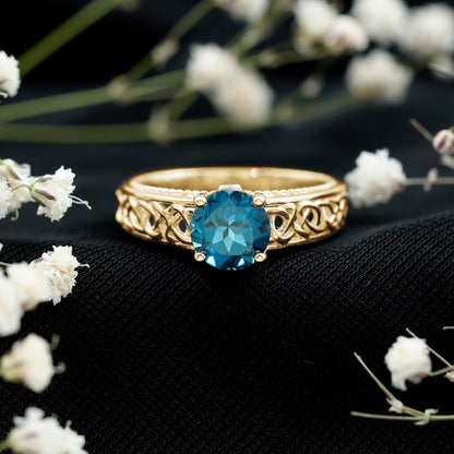 1.35 Carat Round London Blue Topaz Vintage Engagement Ring with Celtic Style Band