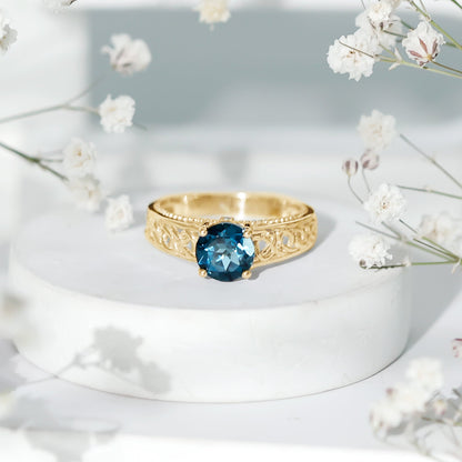 1.35 Carat Round London Blue Topaz Vintage Engagement Ring with Celtic Style Band