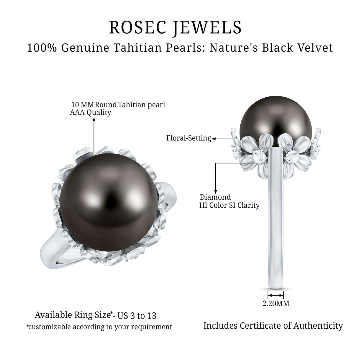 8 Carat Solitaire Tahitian Black Pearl Engagement Ring with Floral Setting