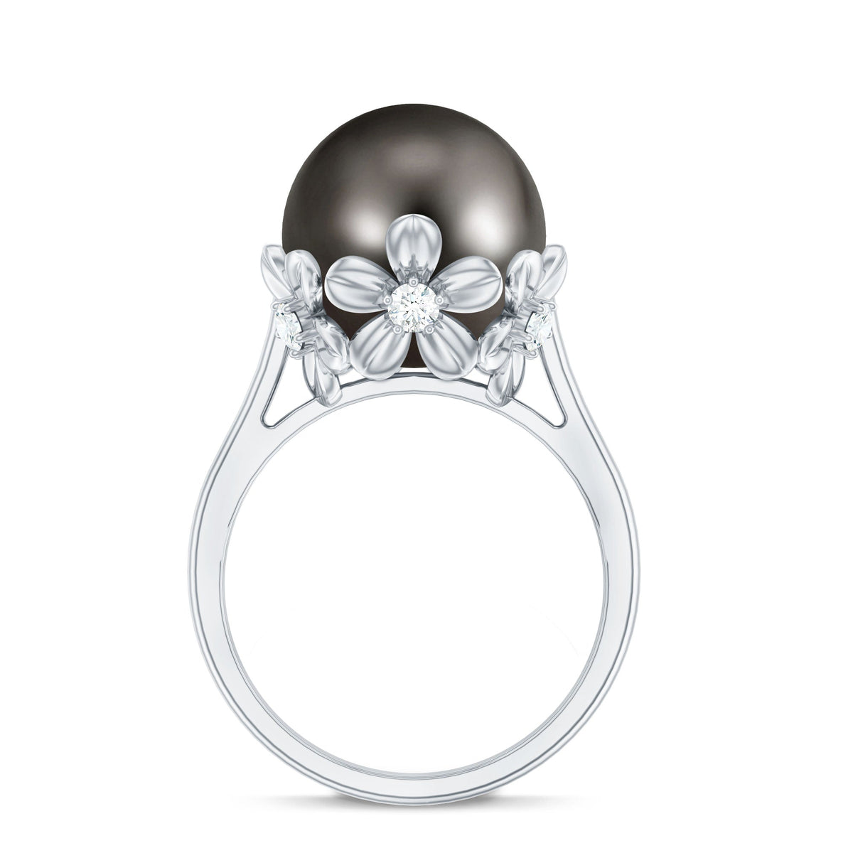 8 Carat Solitaire Tahitian Black Pearl Engagement Ring with Floral Setting