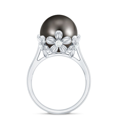8 Carat Solitaire Tahitian Black Pearl Engagement Ring with Floral Setting