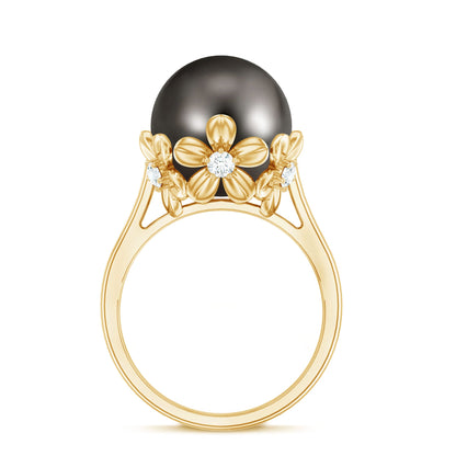 8 Carat Solitaire Tahitian Black Pearl Engagement Ring with Floral Setting