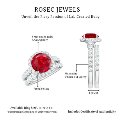 Lab Created Ruby Halo Engagement Ring with Moissanite Enhancer Ring
