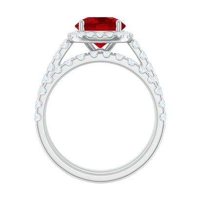 Lab Created Ruby Halo Engagement Ring with Moissanite Enhancer Ring