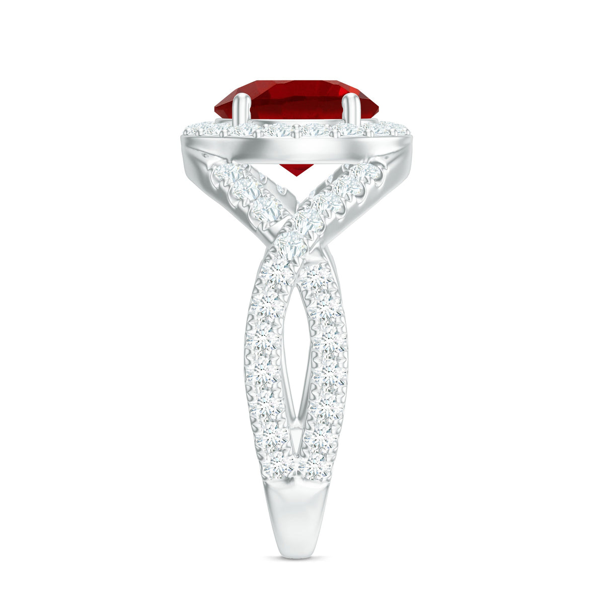 Lab Created Ruby Criss Cross Engagement Ring with Moissanite Halo